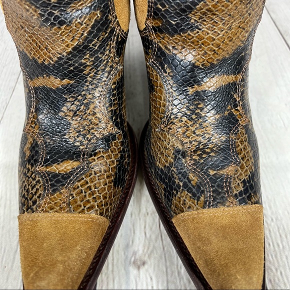 Antonio Melani Brown Suede and Snakeskin Floral Embroidery Heeled Cowboy Boots - Picture 10 of 16